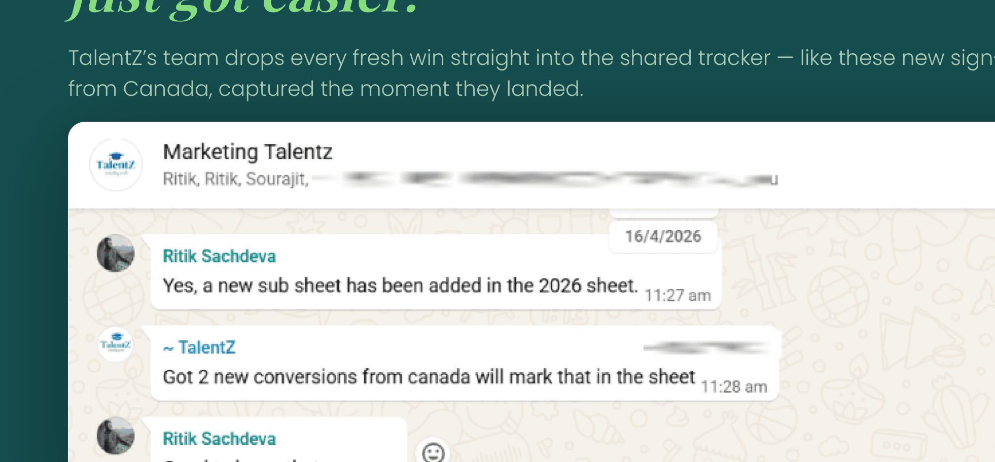 TalentZ shared WhatsApp tracker capturing new overseas sign-ups in real time